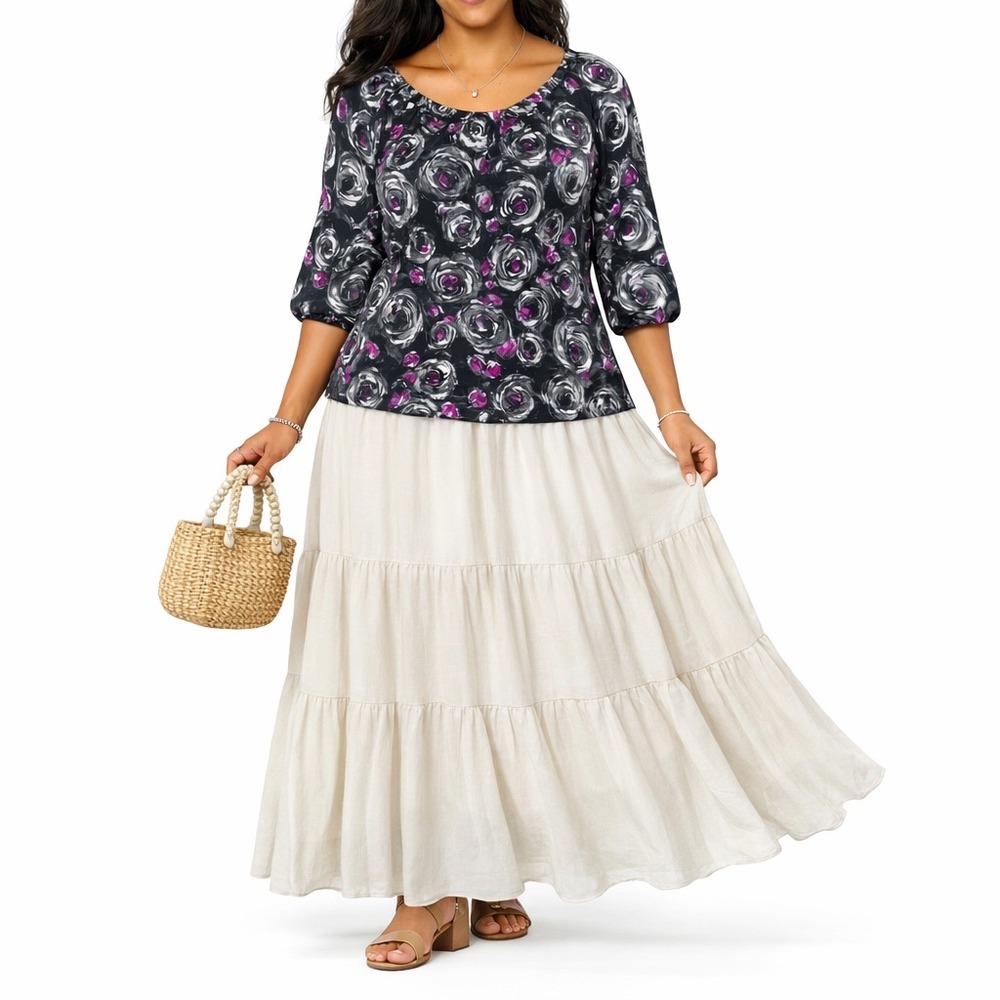 Charter Club Womens M Gray Black Purple Floral Rose 3/4 Sleeve Top Cottagecore